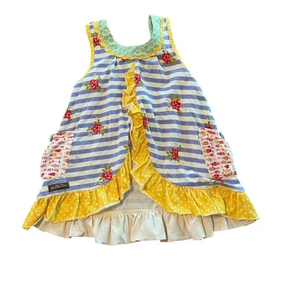 Matilda Jane Girls Ruffle Sleeveless Top Blue Striped Floral Yellow Size 4 - Picture 4 of 7